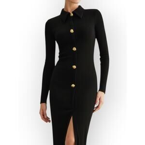 Commense Ribbed Maxi Dress Black L NWT Button Front Slit - Modern Chic